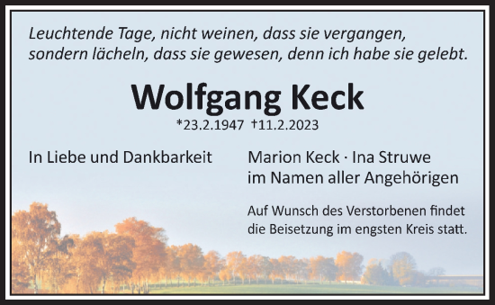 Traueranzeige von Wolfgang Keck von Berliner Woche / Spandauer Volksblatt