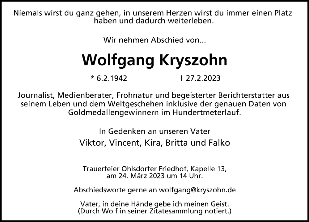  Traueranzeige für Wolfgang Kryszohn vom 12.03.2023 aus Berliner Morgenpost
