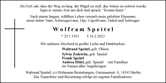 Traueranzeige von Wolfram Speitel von Berliner Morgenpost