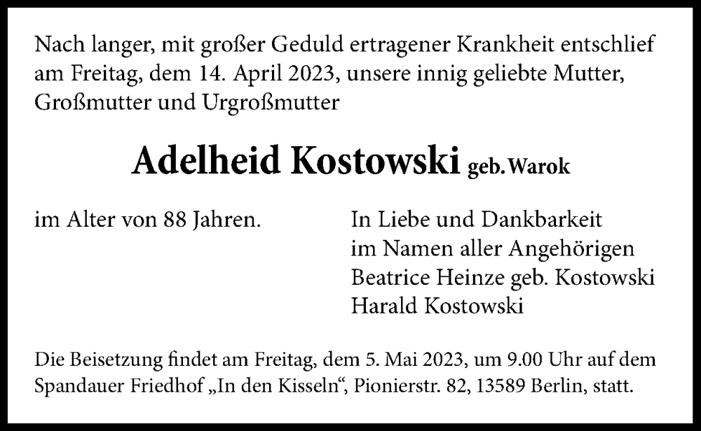  Traueranzeige für Adelheid Kostowski vom 29.04.2023 aus 