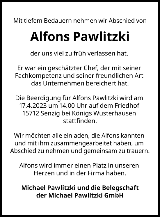 Traueranzeige von Alfons Pawlitzki 