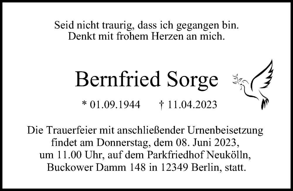  Traueranzeige für Bernfried Sorge vom 23.04.2023 aus Berliner Morgenpost