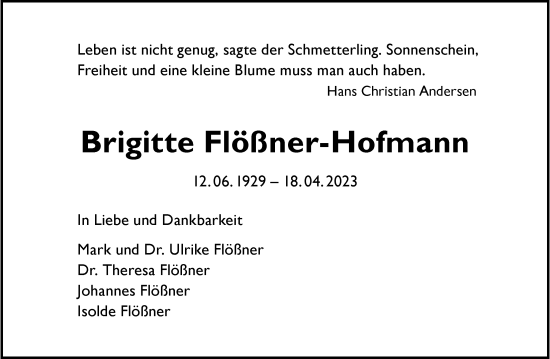 Traueranzeige von Brigitte Flößner-Hofmann von Berliner Morgenpost