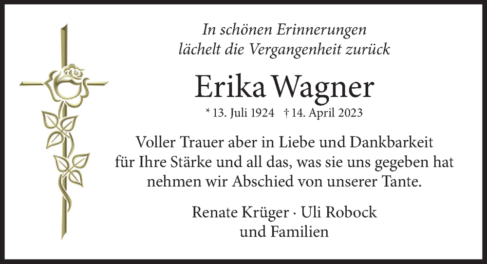  Traueranzeige für Erika Wagner vom 23.04.2023 aus Berliner Morgenpost