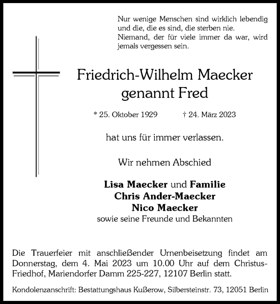 Traueranzeige von Friedrich-Wilhelm Maecker von Berliner Morgenpost