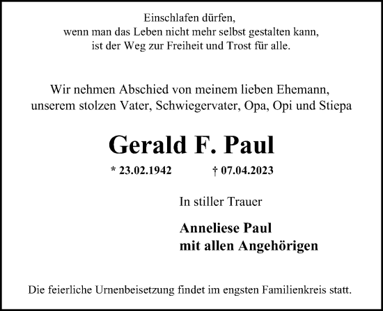 Traueranzeige von Gerald F. Paul von Berliner Morgenpost
