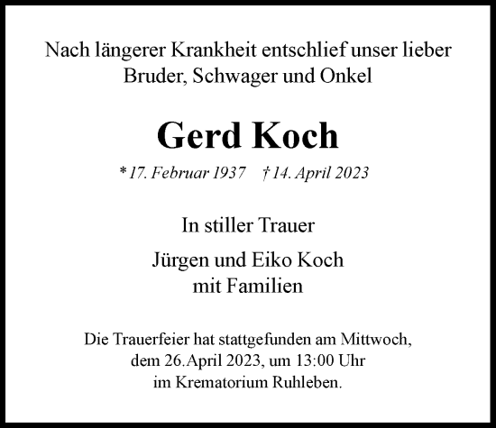 Traueranzeige von Gerd Koch 