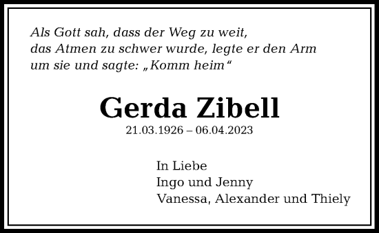 Traueranzeige von Gerda Zibell 