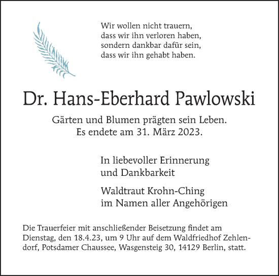 Traueranzeige von Hans-Eberhard Pawlowski von Berliner Morgenpost