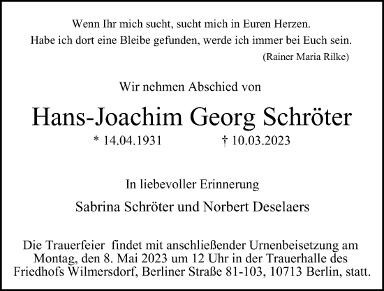 Traueranzeige von Hans-Joachim Georg Schröter von Berliner Morgenpost