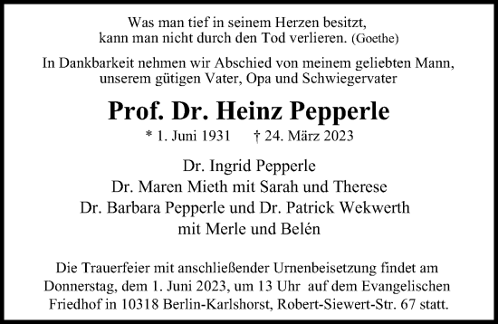 Traueranzeige von Heinz Pepperle von Berliner Morgenpost