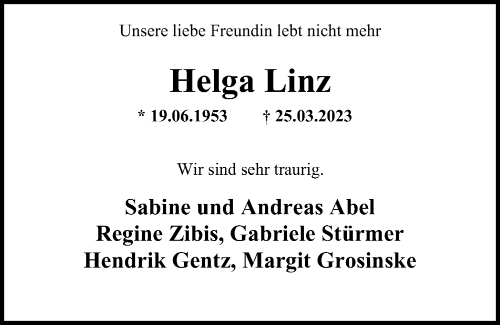  Traueranzeige für Helga Linz vom 09.04.2023 aus Berliner Morgenpost