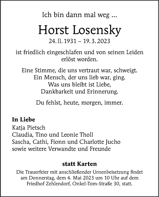 Traueranzeige von Horst Losensky von Berliner Morgenpost