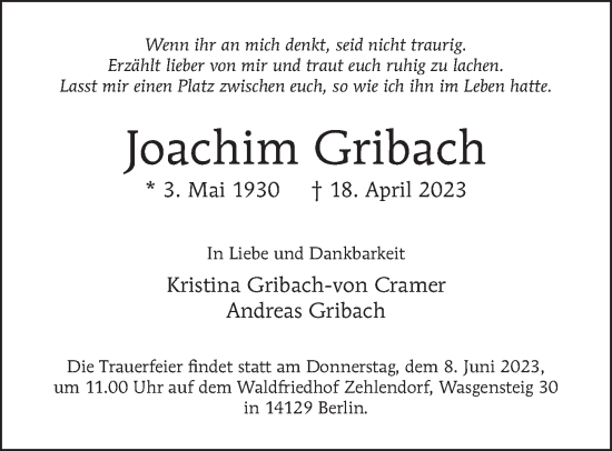 Traueranzeige von Joachim Gribach von Berliner Morgenpost