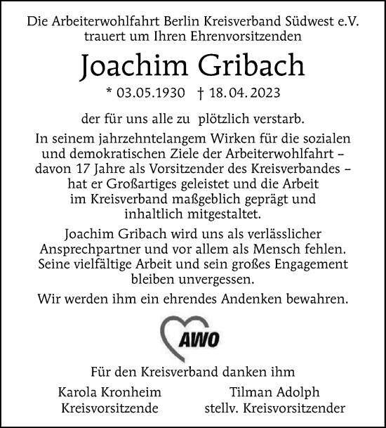 Traueranzeige von Joachim Gribach von Berliner Morgenpost