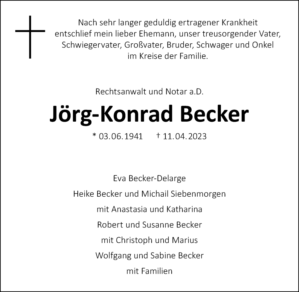  Traueranzeige für Jörg-Konrad Becker vom 16.04.2023 aus Berliner Morgenpost