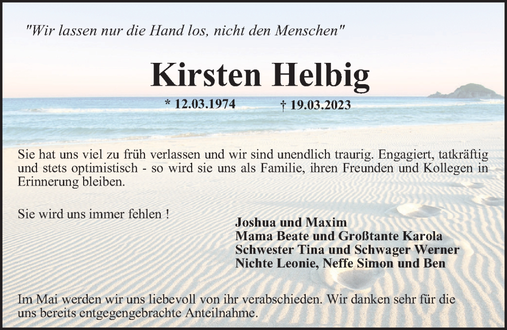  Traueranzeige für Kirsten Helbig vom 16.04.2023 aus Berliner Morgenpost