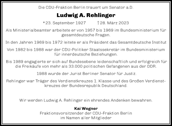 Traueranzeige von Ludwig A. Rehlinger von Berliner Morgenpost
