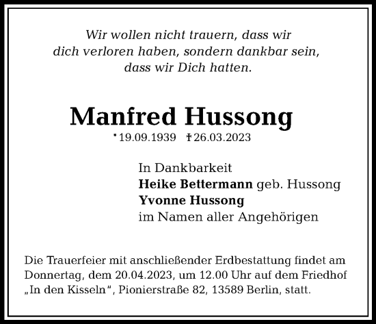 Traueranzeige von Manfred Hussong 