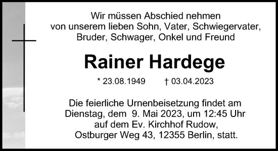 Traueranzeige von Rainer Hardege von Berliner Morgenpost
