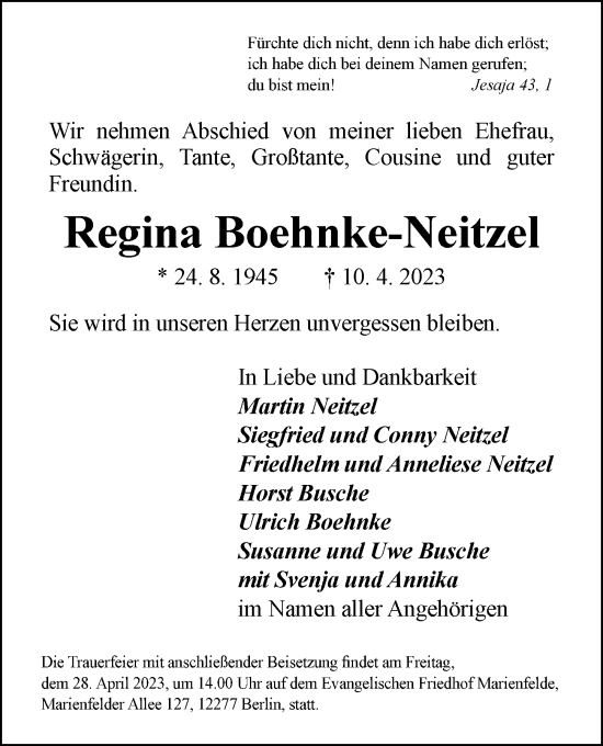 Traueranzeige von Regina Boehnke-Neitzel von Berliner Morgenpost