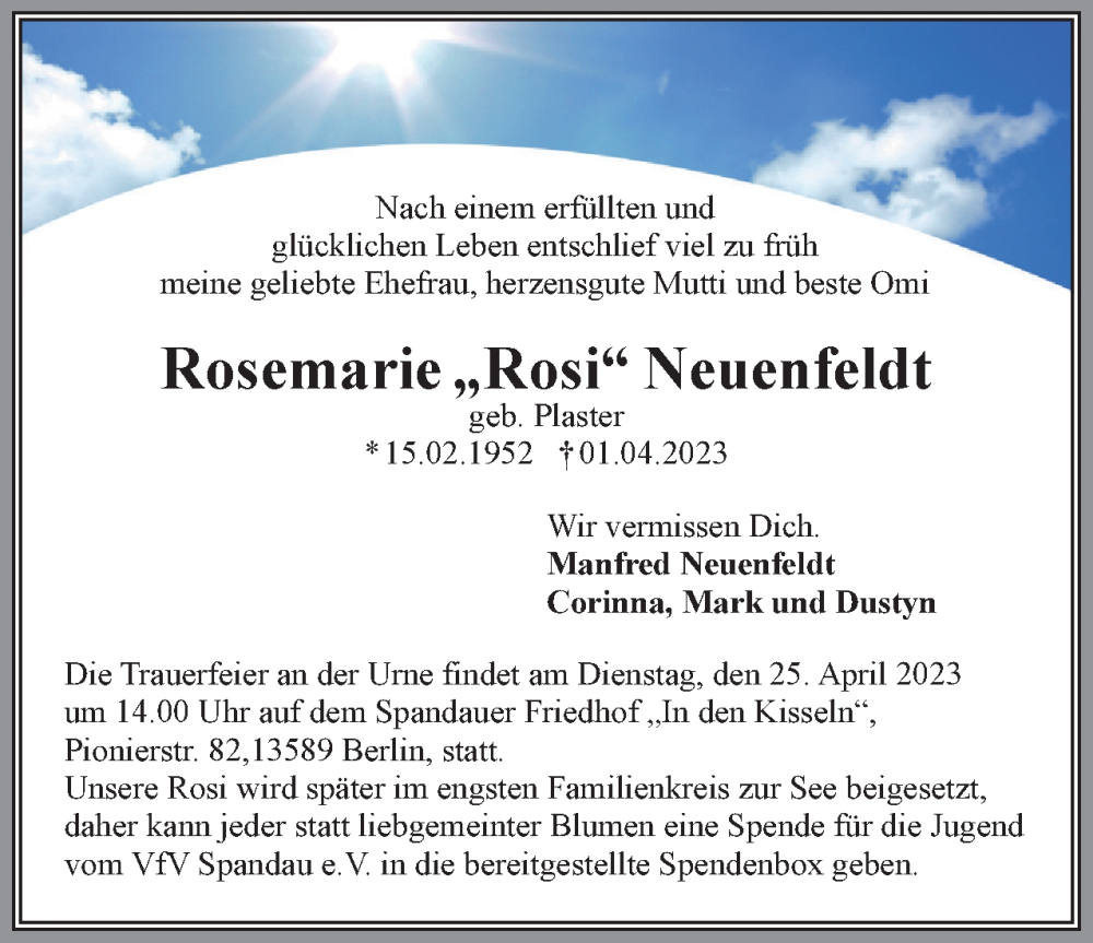  Traueranzeige für Rosemarie Neuenfeldt vom 15.04.2023 aus 