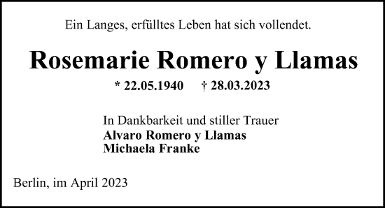 Traueranzeige von Rosemarie Romero y Llamas von Berliner Morgenpost