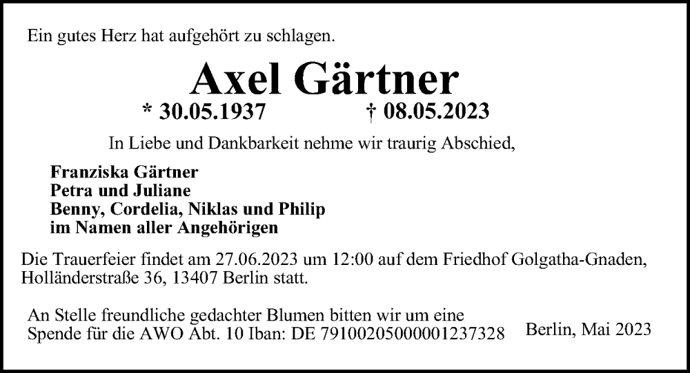  Traueranzeige für Axel Gärtner vom 14.05.2023 aus Berliner Morgenpost