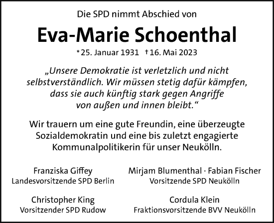 Traueranzeige von Eva-Marie Schoenthal von Berliner Morgenpost