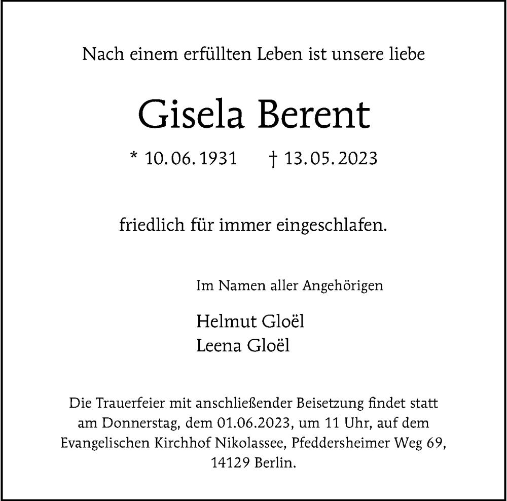  Traueranzeige für Gisela Berent vom 28.05.2023 aus Berliner Morgenpost