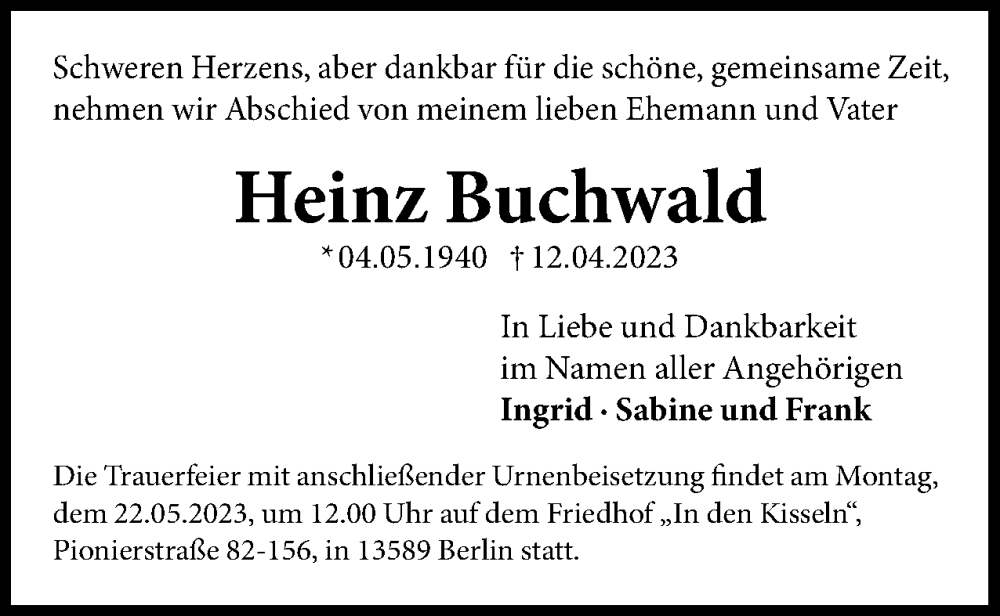  Traueranzeige für Heinz Buchwald vom 06.05.2023 aus 