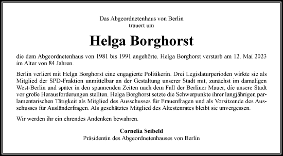 Traueranzeige von Helga Borghorst von Berliner Morgenpost