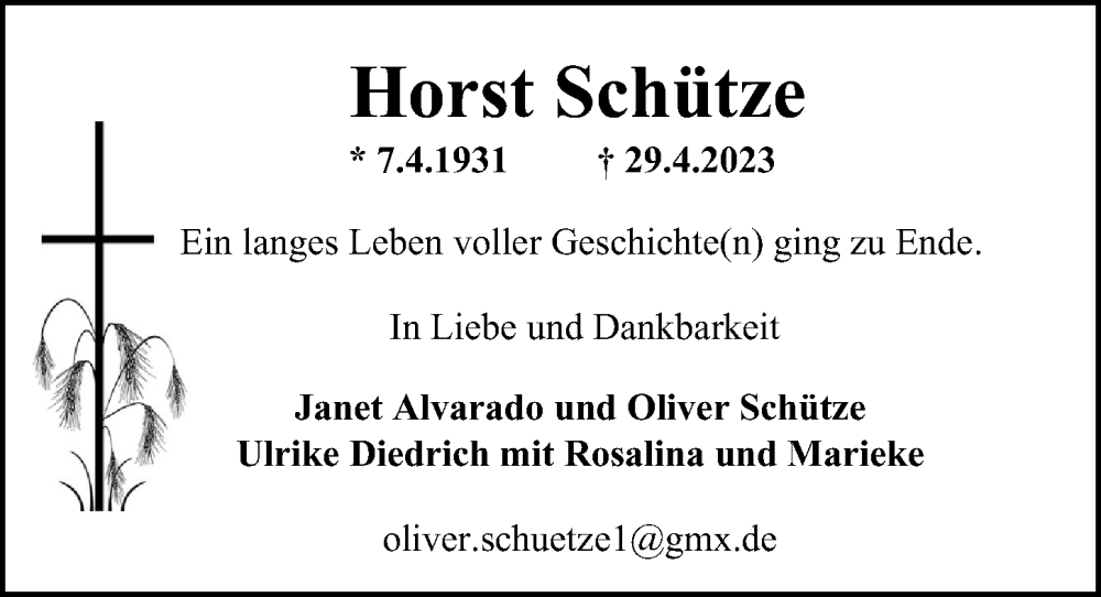  Traueranzeige für Horst Schütze vom 14.05.2023 aus Berliner Morgenpost