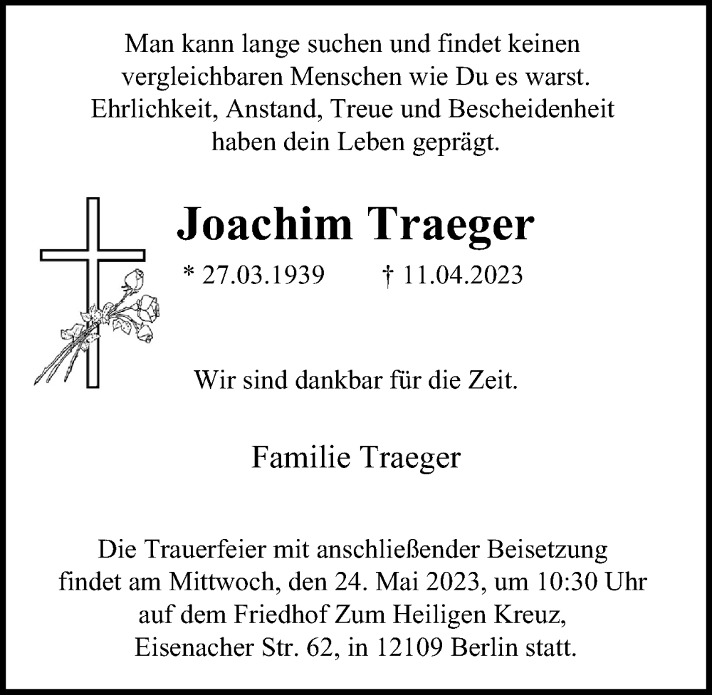  Traueranzeige für Joachim Traeger vom 07.05.2023 aus Berliner Morgenpost
