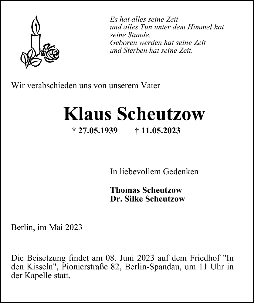  Traueranzeige für Klaus Scheutzow vom 28.05.2023 aus Berliner Morgenpost