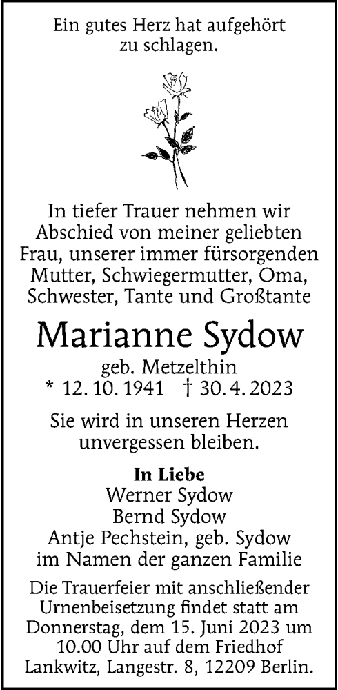  Traueranzeige für Marianne Sydow vom 21.05.2023 aus Berliner Morgenpost