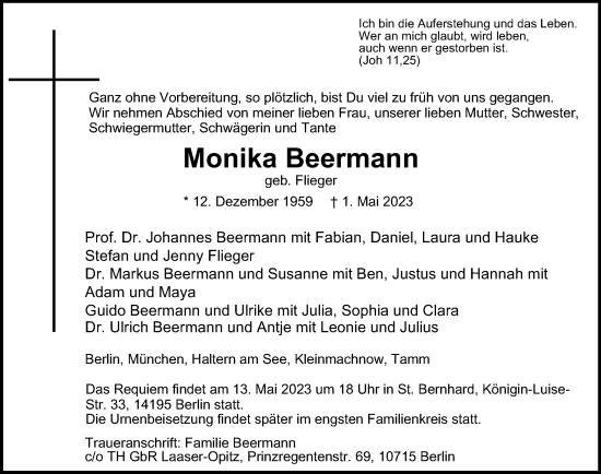 Traueranzeige von Monika Beermann von Berliner Morgenpost