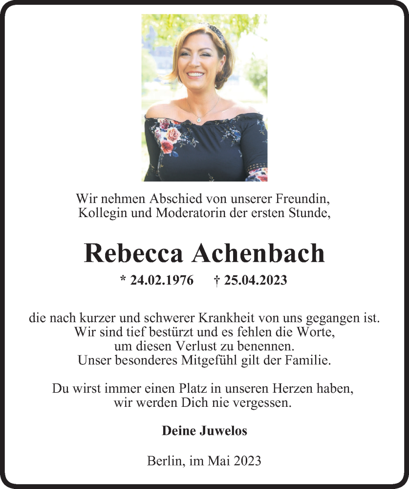  Traueranzeige für Rebecca Achenbach vom 09.05.2023 aus Berliner Morgenpost
