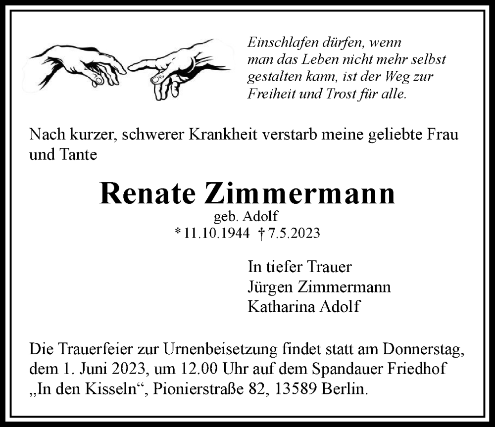  Traueranzeige für Renate Zimmermann vom 20.05.2023 aus 