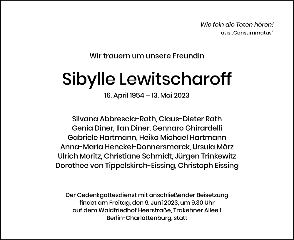  Traueranzeige für Sibylle Lewitscharoff vom 21.05.2023 aus Berliner Morgenpost