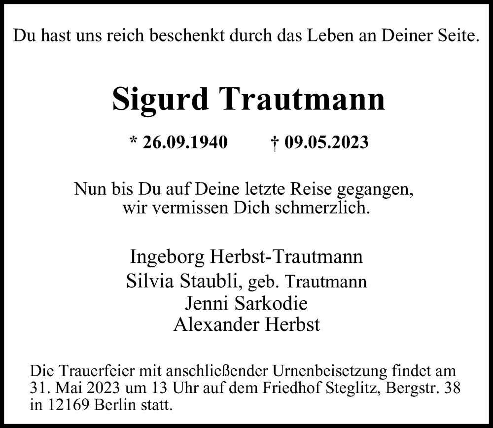  Traueranzeige für Sigurd Trautmann vom 21.05.2023 aus Berliner Morgenpost