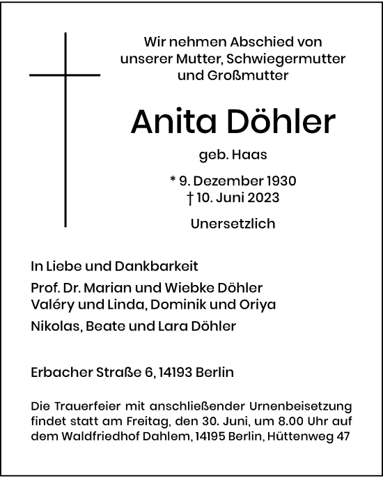 Traueranzeige von Anita Döhler von Berliner Morgenpost