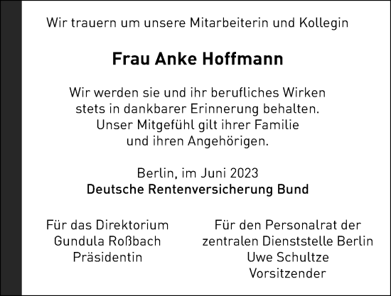 Traueranzeige von Anke Hoffmann von Berliner Morgenpost
