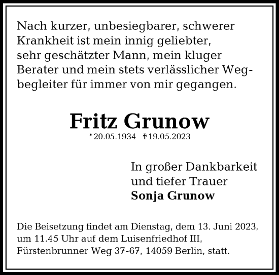 Traueranzeige von Fritz Grunow 