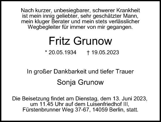 Traueranzeige von Fritz Grunow von Berliner Morgenpost