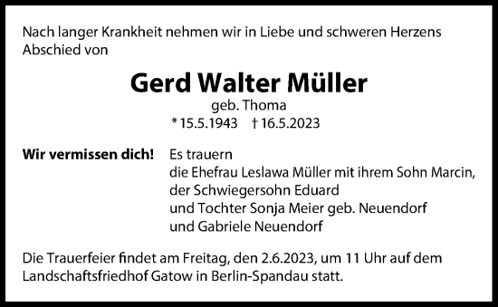 Traueranzeige von Gerd Walter Müller 