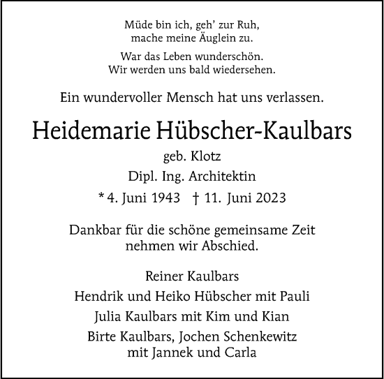 Traueranzeige von Heidemarie Hübscher-Kaulbars von Berliner Morgenpost