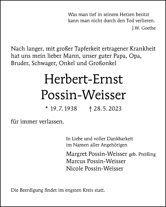 Traueranzeige von Herbert-Ernst Possin-Weisser von Berliner Morgenpost