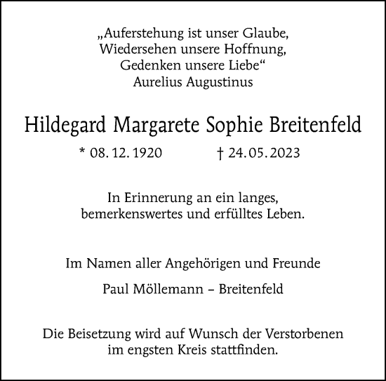 Traueranzeige von Hildegard Margarete Sophie  Breitenfeld von Berliner Morgenpost