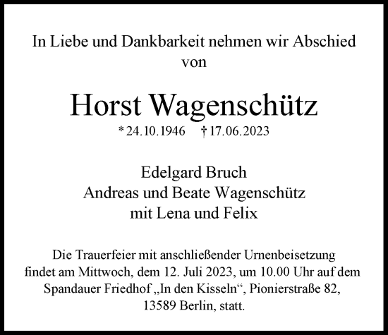 Traueranzeige von Horst Wagenschütz 